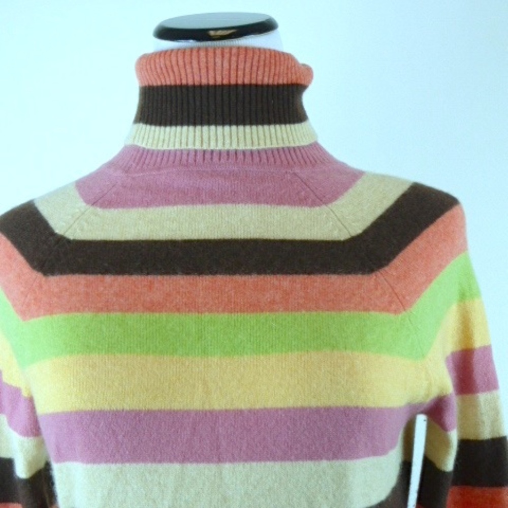 Whim 100% Cashmere multicolor rainbow stripe turtleneck sweater M pink brown